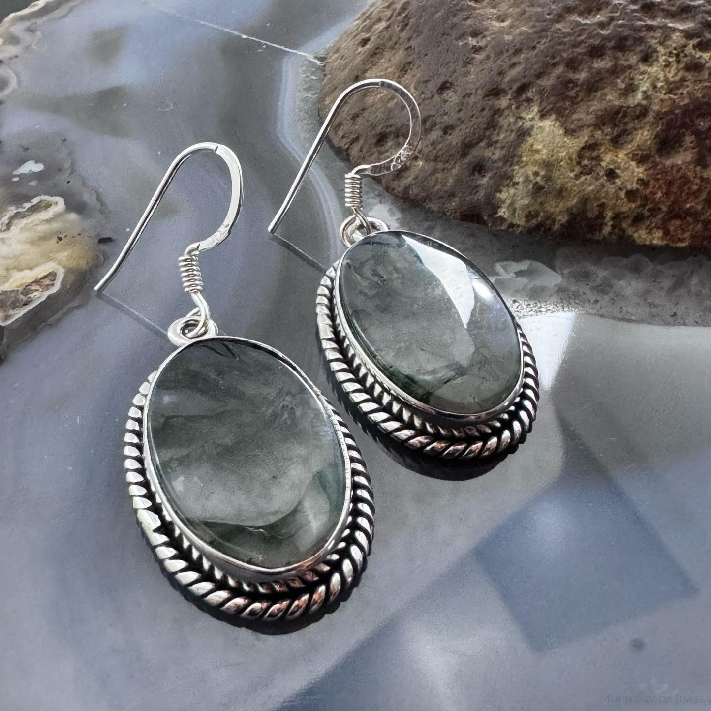 Sterling Silver Southwestern Style Oval Moss Agate Decorated Dangle Earrings For Women