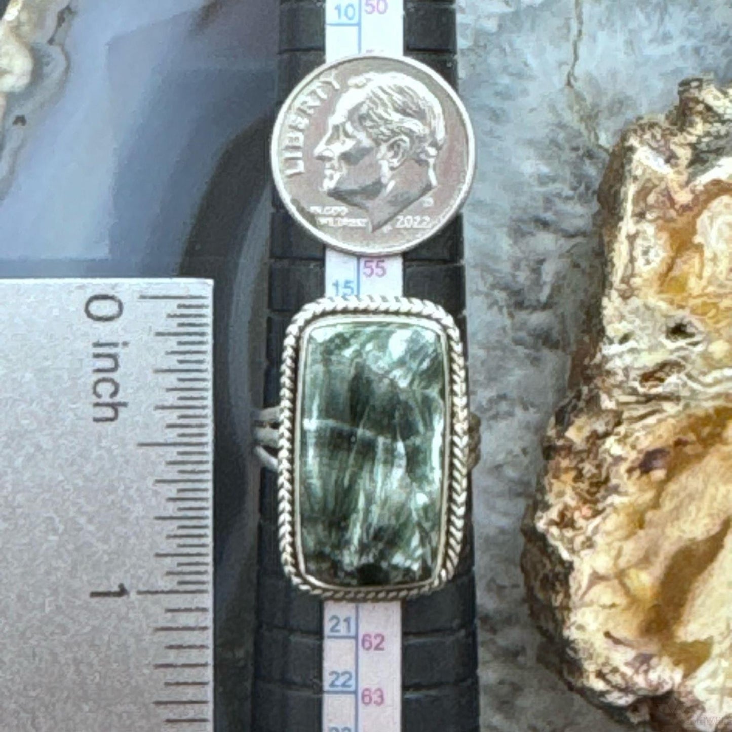 Sterling Silver Southwestern Style Seraphinite Bar Ring Size 8.5 For Women