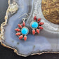 Sterling Silver Southwestern Style Turquoise/Coral Half-flower Cluster Dangle Earrings For Women