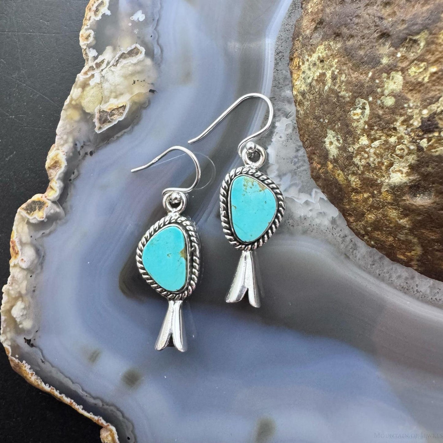 Sterling Southwestern Style Turquoise Decorated Squash Blossom Dangle Earrings For Women