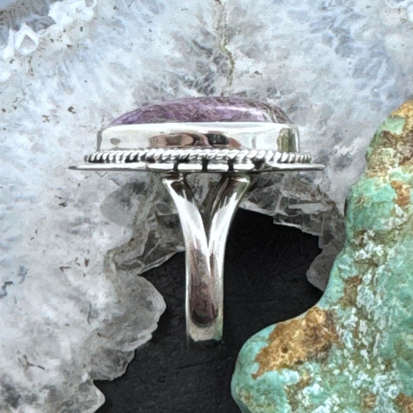 Sterling Silver Southwestern Style Teardrop Purpurite Decorated Ring Size 7.5 For Women