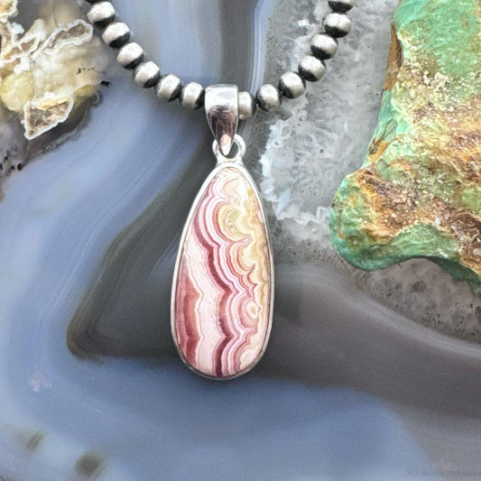 Sterling Silver Southwestern Style Teardrop Rhodochrosite Pendant For Women #1