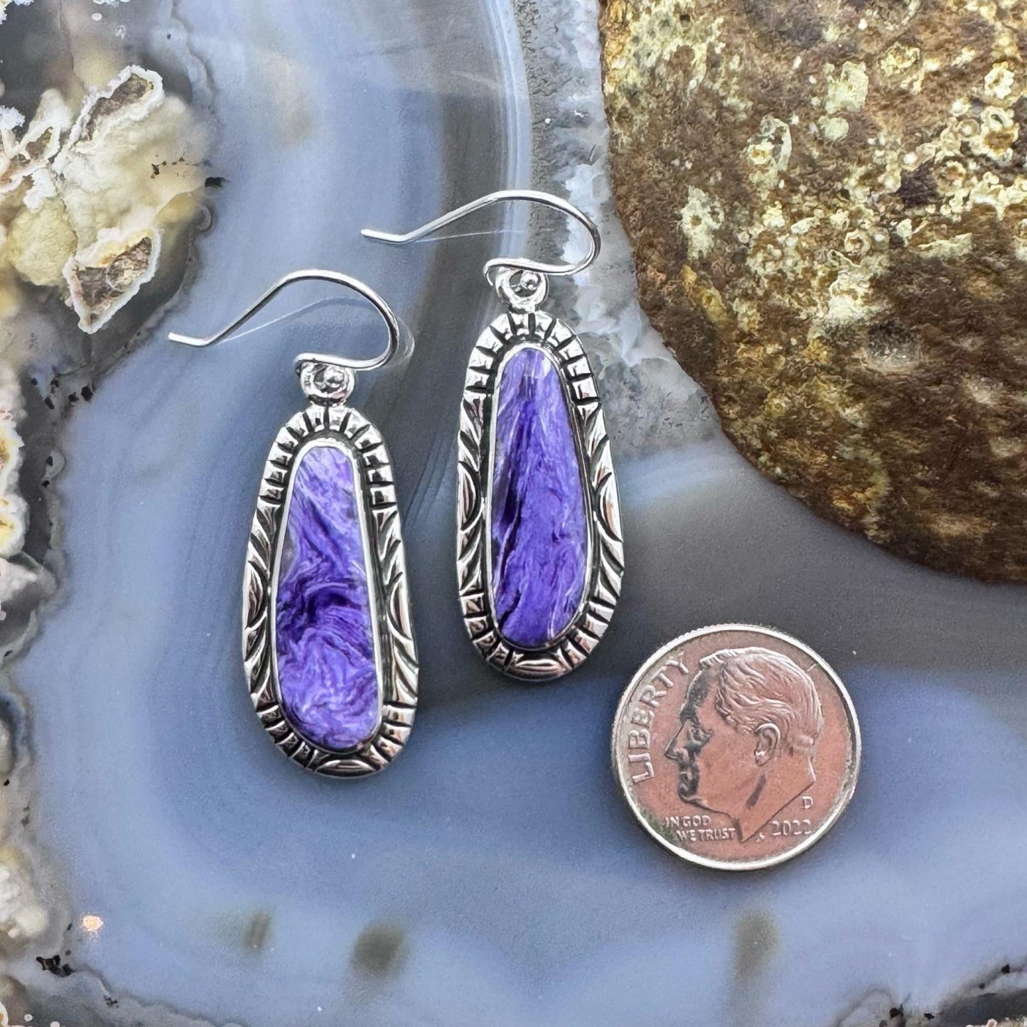 Native American Sterling Silver Charoite Decorated Dangle Earrings For Women