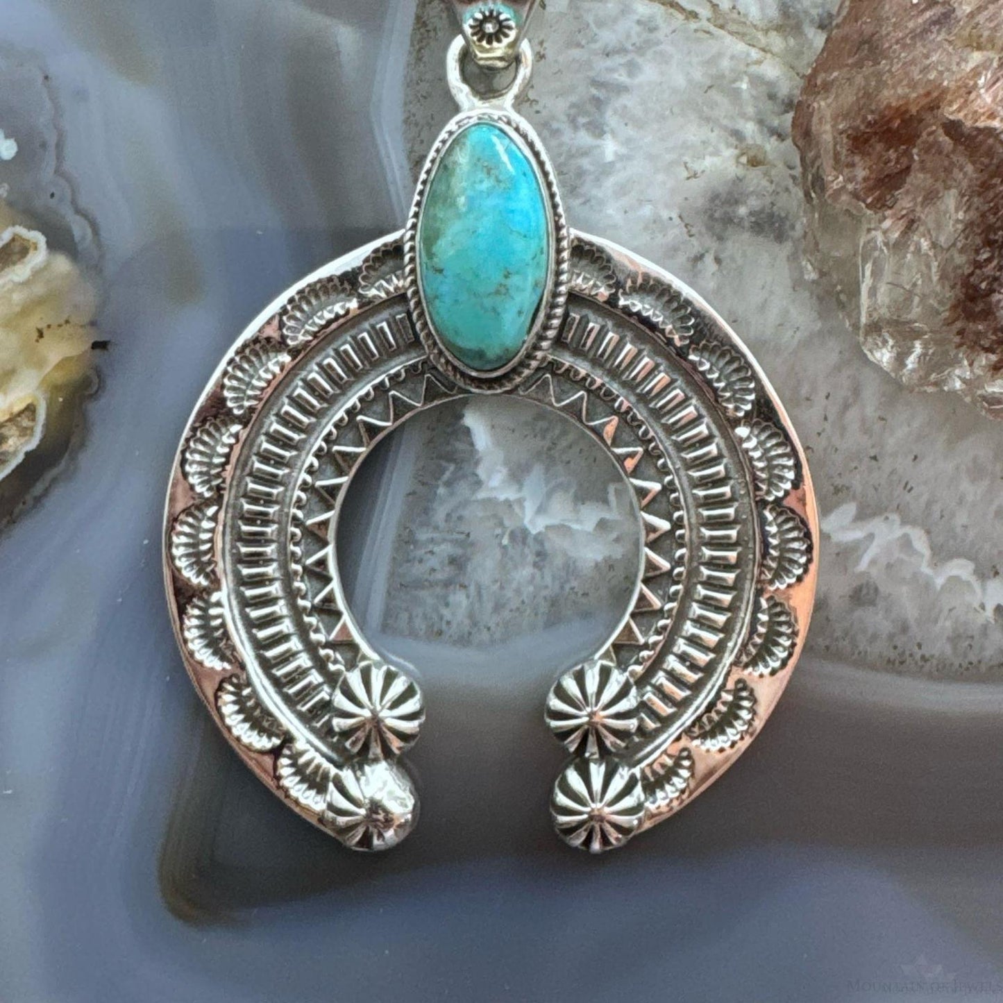 Sterling Silver Southwestern Style Oval Turquoise Stamped Naja Unisex Pendant