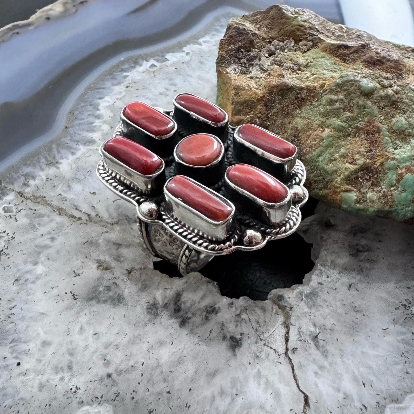 Sterling Silver Southwestern Style Coral Cluster Ring Size 7.25 For Women