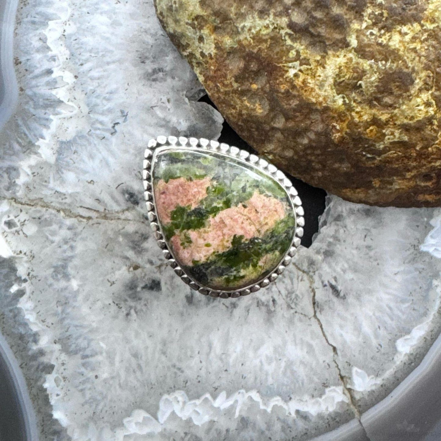 Sterling Silver Southwestern Style Wide Teardrop Unakite Jasper Ring Size 9 For Women