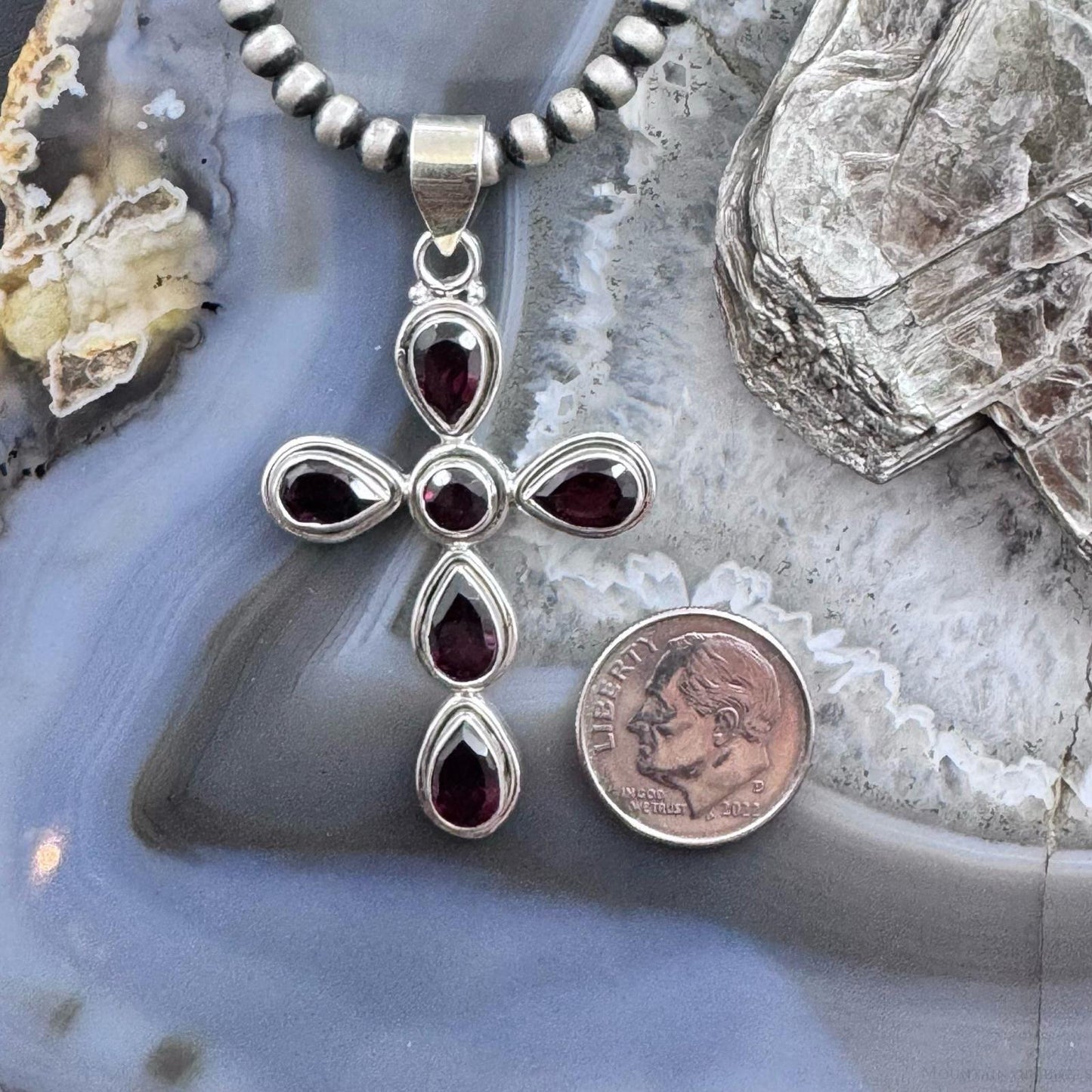 Sterling Silver Southwestern Style Garnet Decorated Cross Pendant For Women