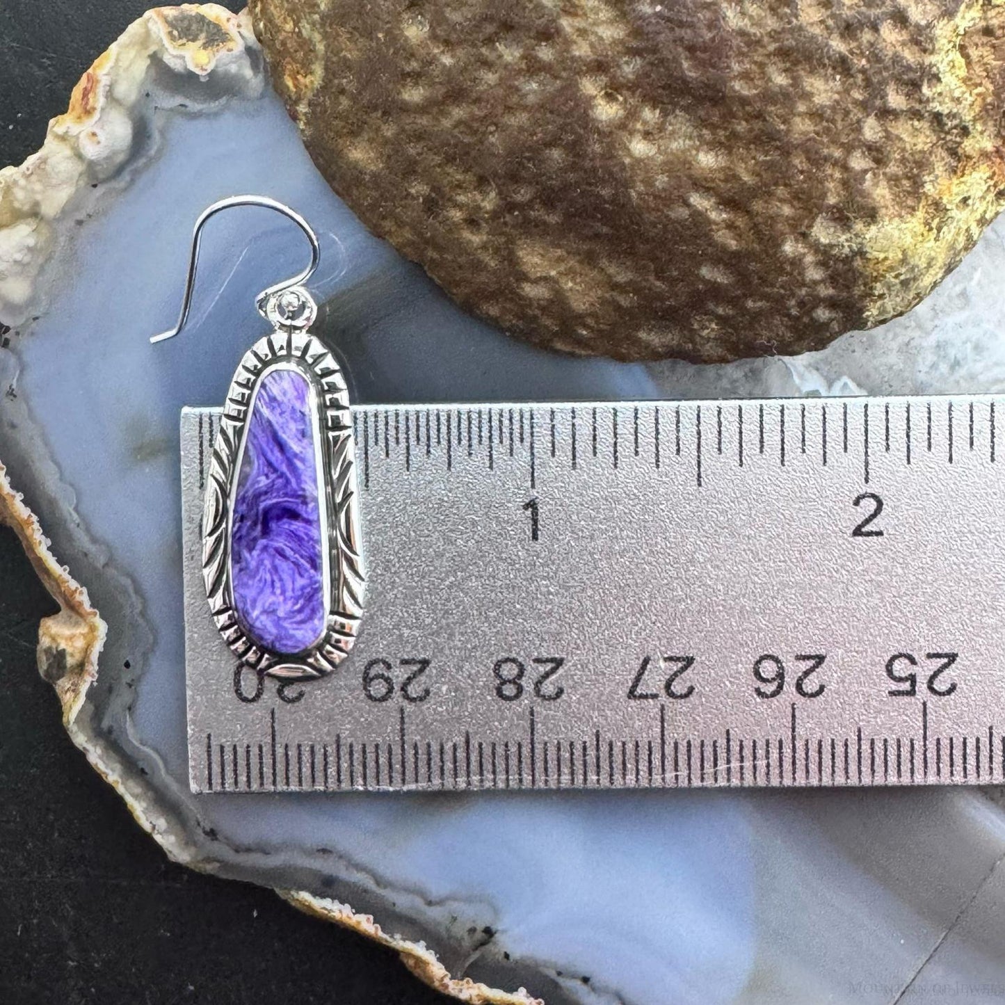 Native American Sterling Silver Charoite Decorated Dangle Earrings For Women