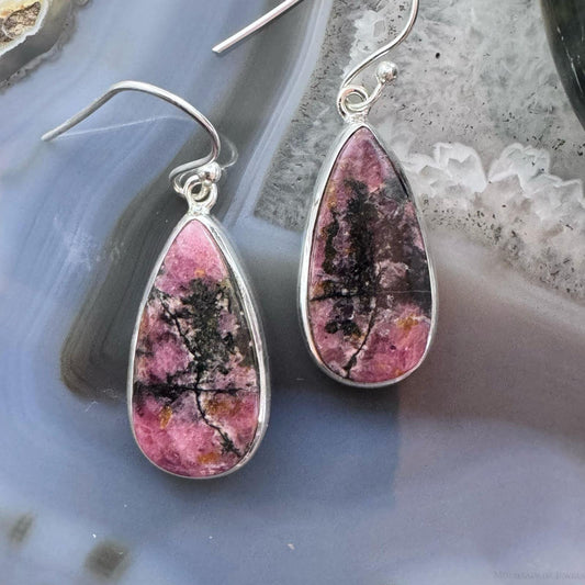 Sterling Silver Southwestern Style Teardrop Rhodonite Dangle Earrings For Women
