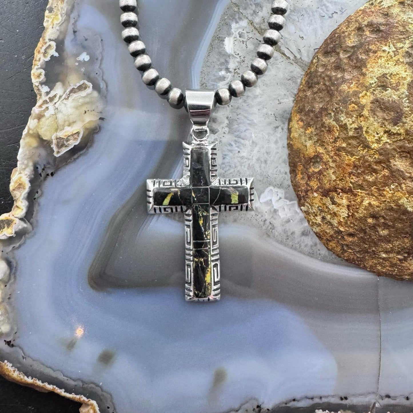 Native American Sterling Silver Inlay Blackjack Decorated Cross Unisex Pendant