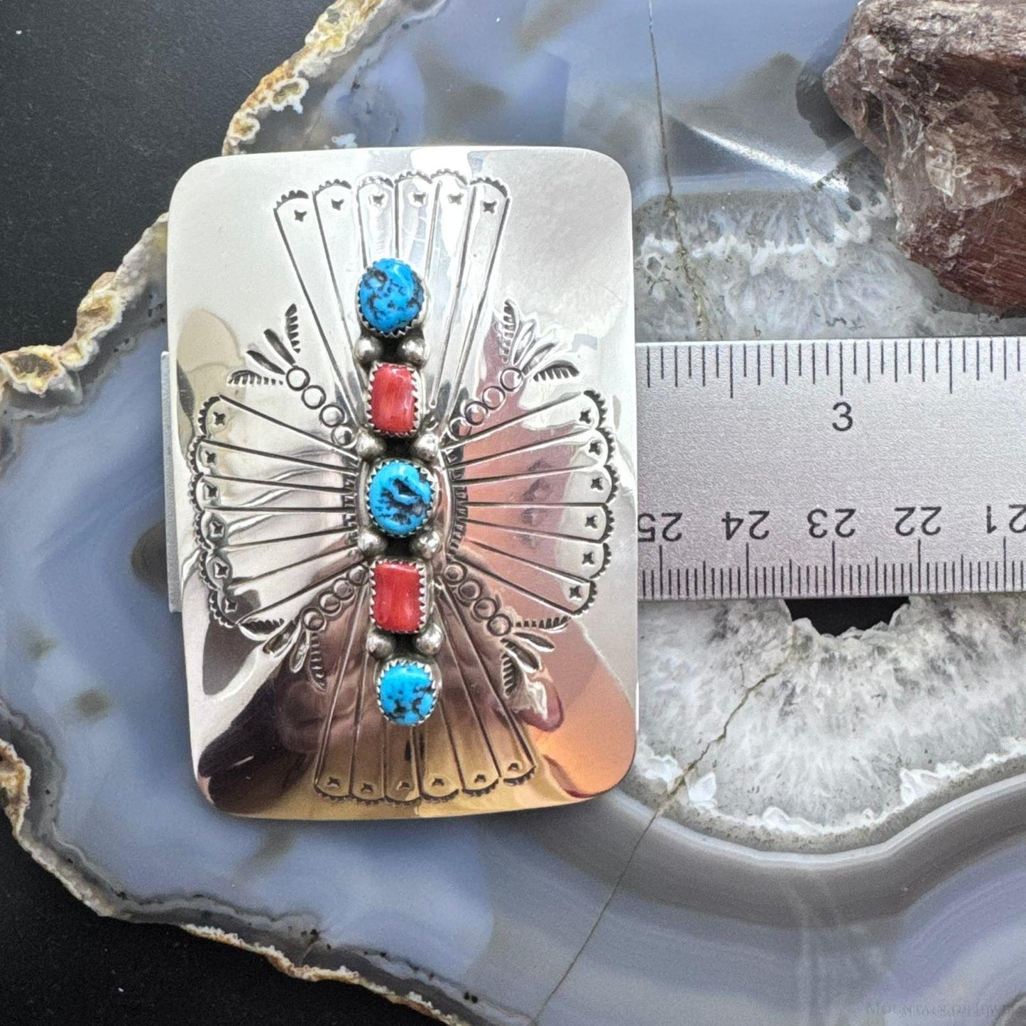 Joann Begay Native American Sterling Silver Turquoise & Coral Stamped Belt Buckle For Men