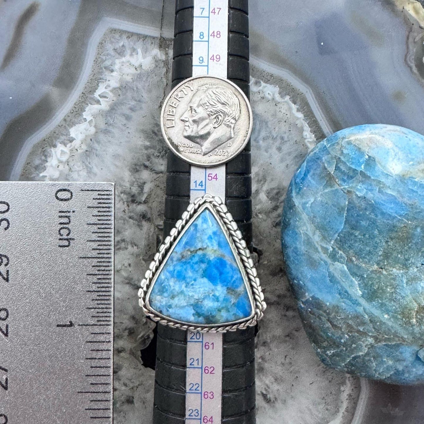 Sterling Silver Southwestern Style Triangle Blue Apatite Ring Size 8.5 For Women