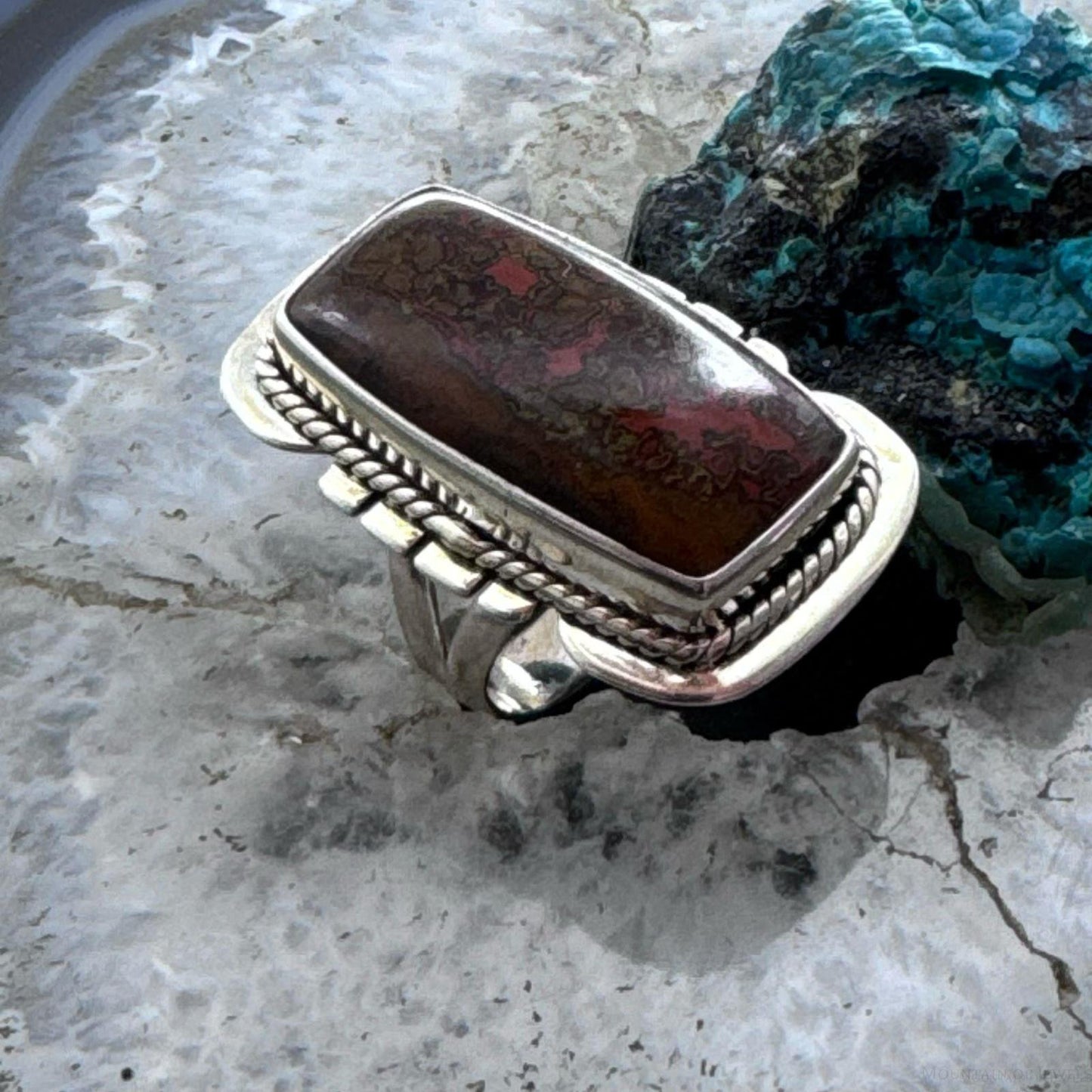 Sterling Silver Southwestern Style Moroccan Seam Agate Bar Ring Size 6.5 For Women