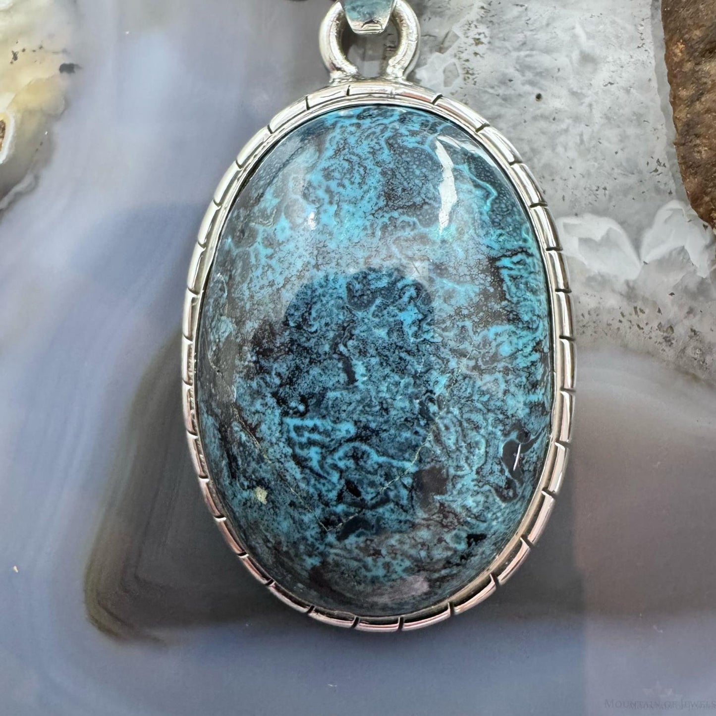 Sterling Silver Southwestern Style Large Oval Matrixed Azurite Decorated Pendant For Women