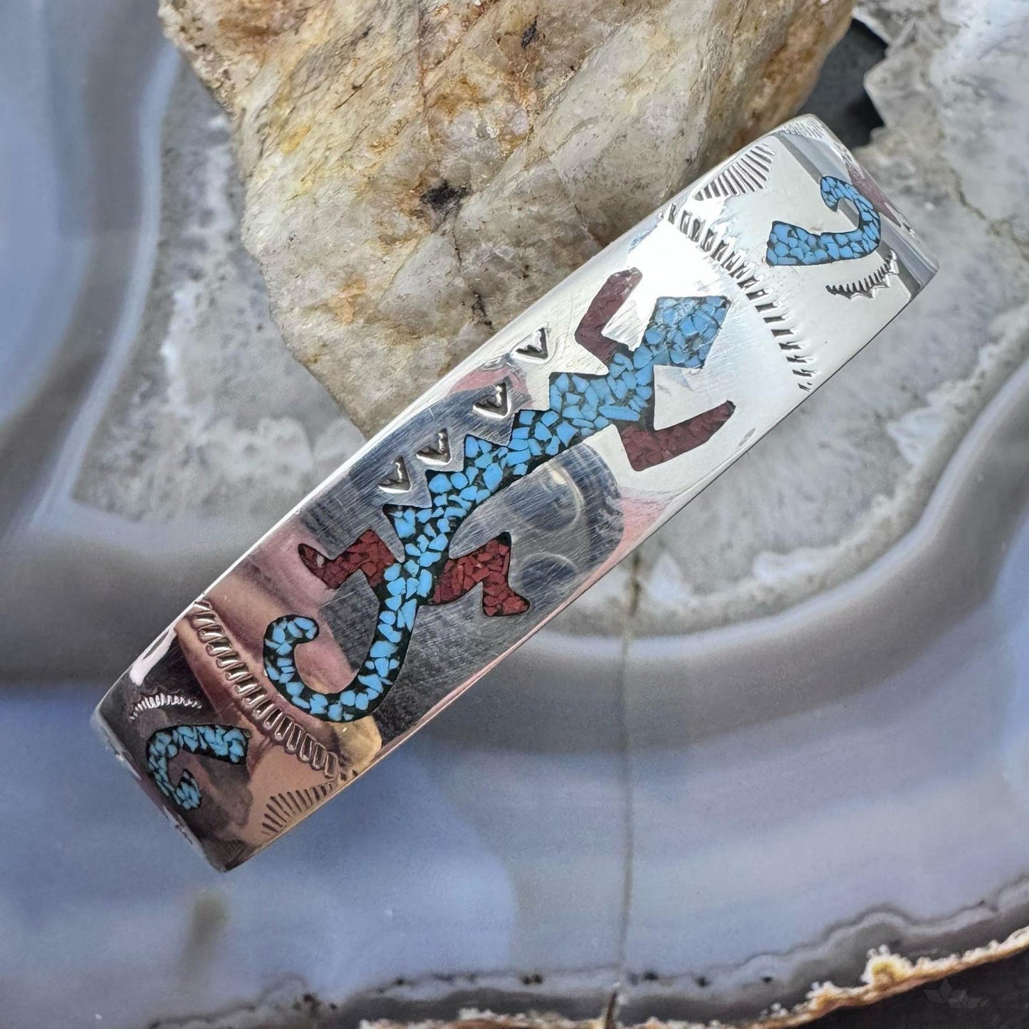 Ray Begay Native American Sterling Silver Chip Inlay Gila Monster Bracelet For Women