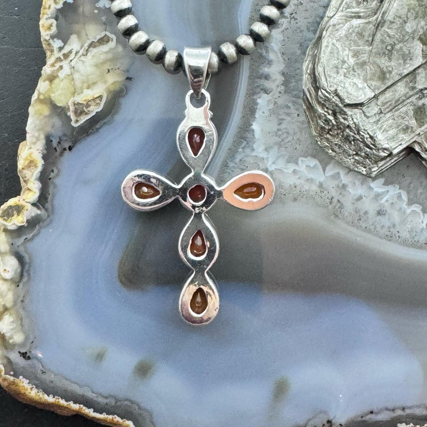 Sterling Silver Southwestern Style Carnelian Decorated Cross Pendant For Women