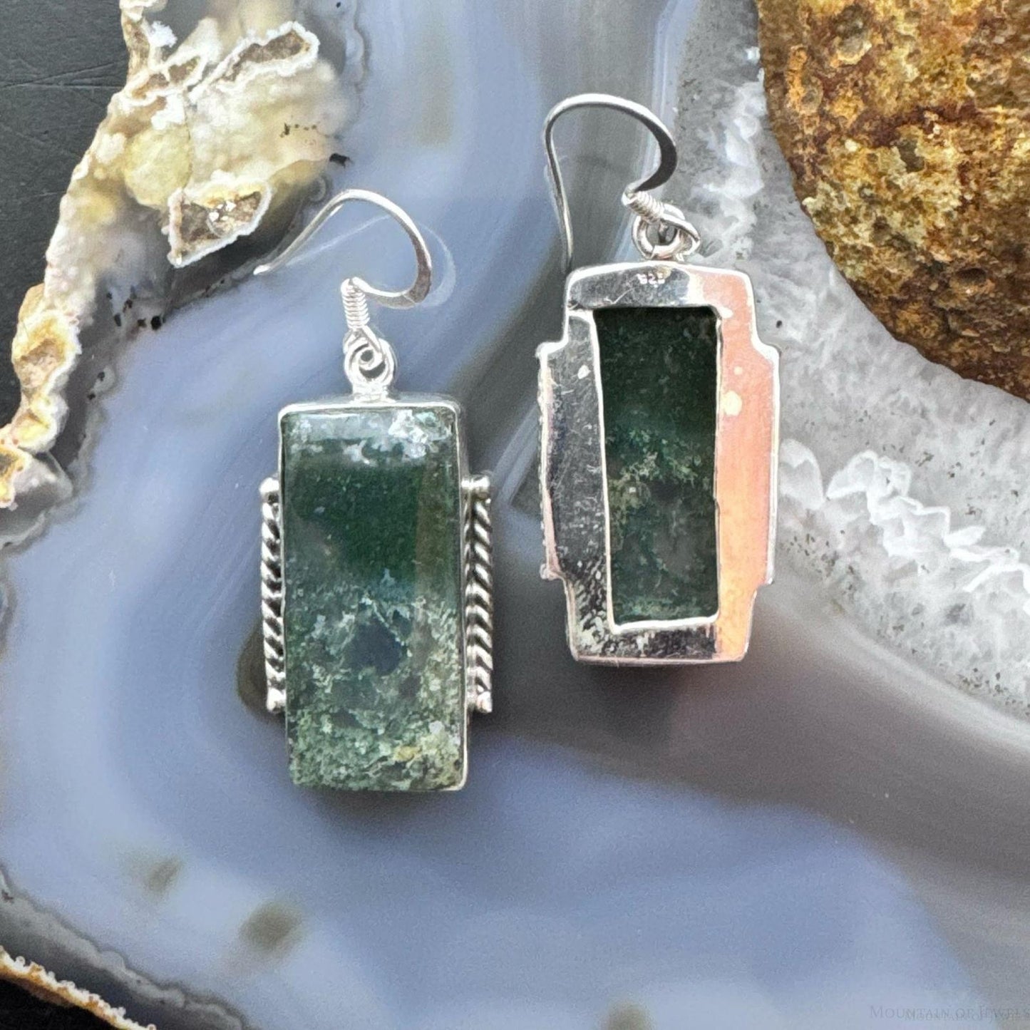 Sterling Silver Southwestern Style Rectangle Moss Agate Dangle Earrings For Women