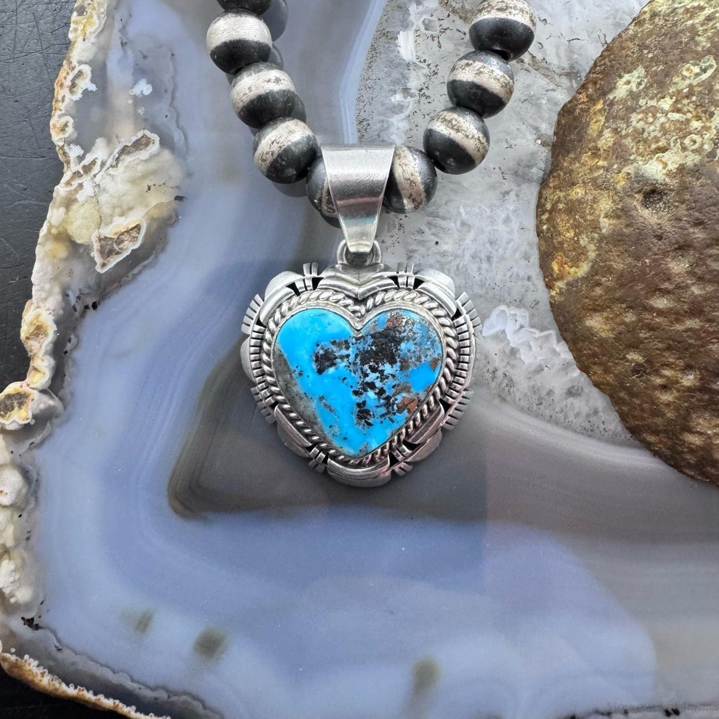 Larry Moses Yazzie Vintage Sterling Silver Copper Blue Turquoise Heart Pendant For Women