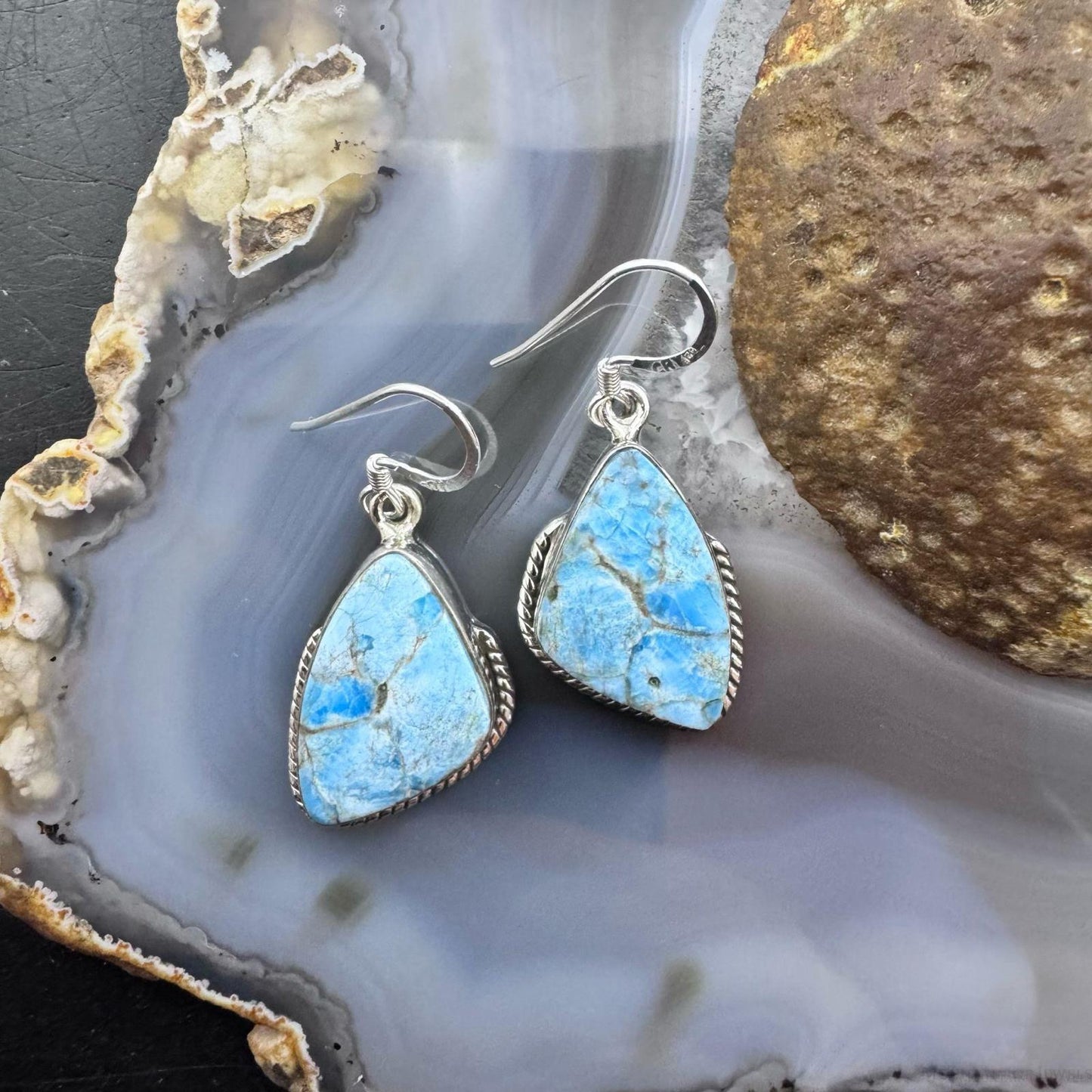 Sterling Silver Southwestern Style Blue Apatite Decorated Dangle Earrings For Women