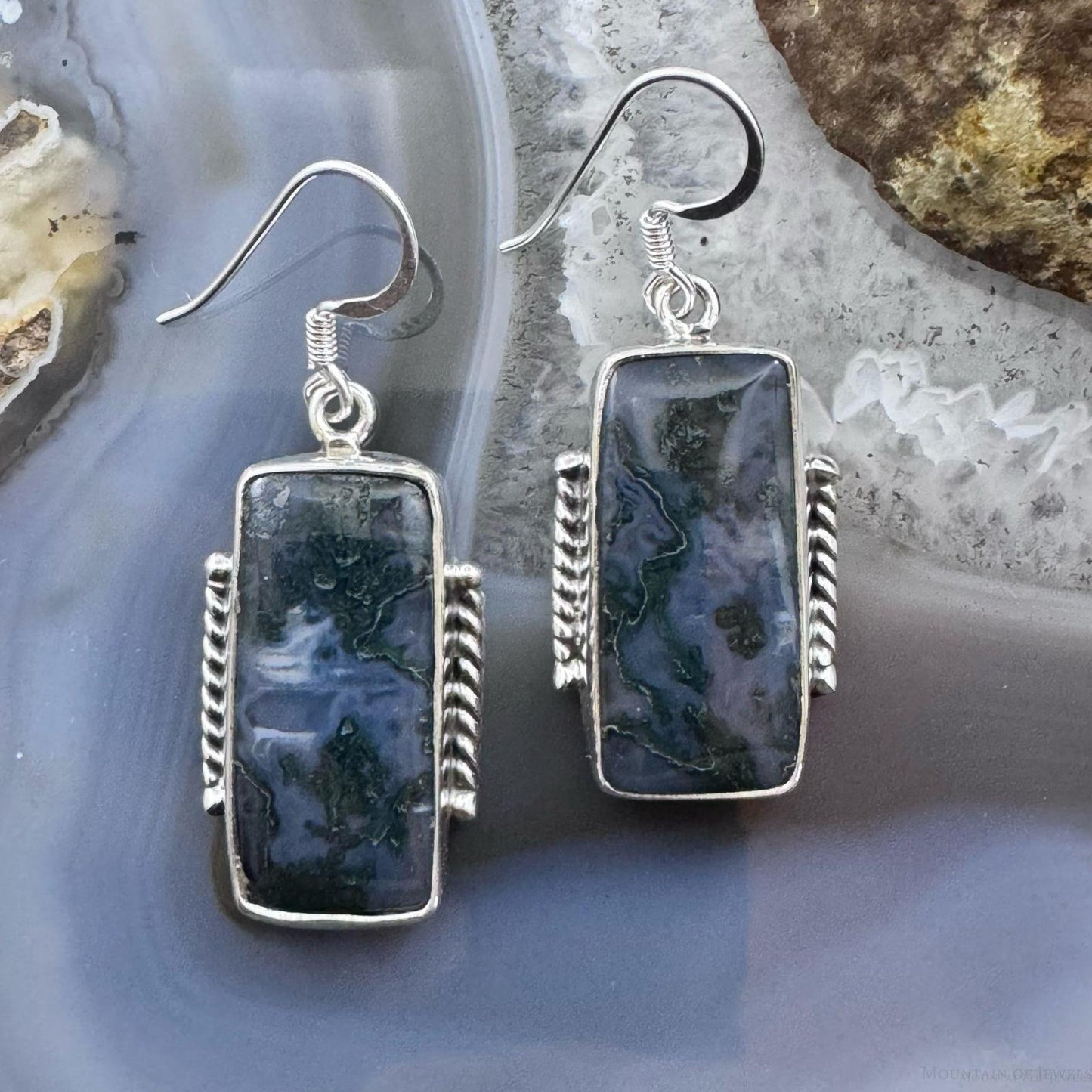 Sterling Silver Southwestern Style Rectangle Moss Agate Dangle Earrings For Women