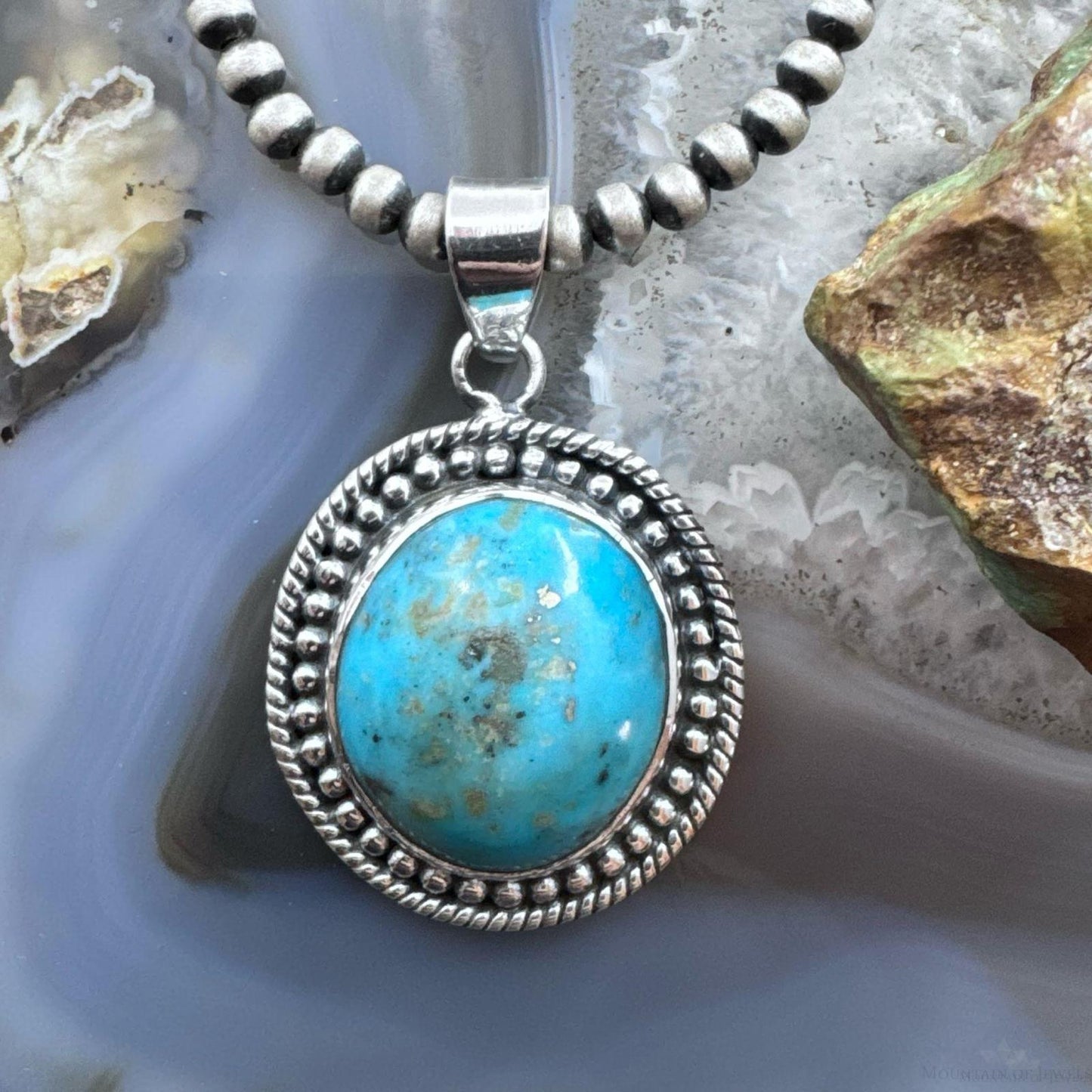 Sterling Silver Southwestern Style Round Tibetan Turquoise Decorated Pendant For Women