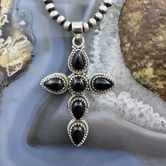 Sterling Silver Southwestern Style 6 Onyx Decorated Cross Pendant For Women