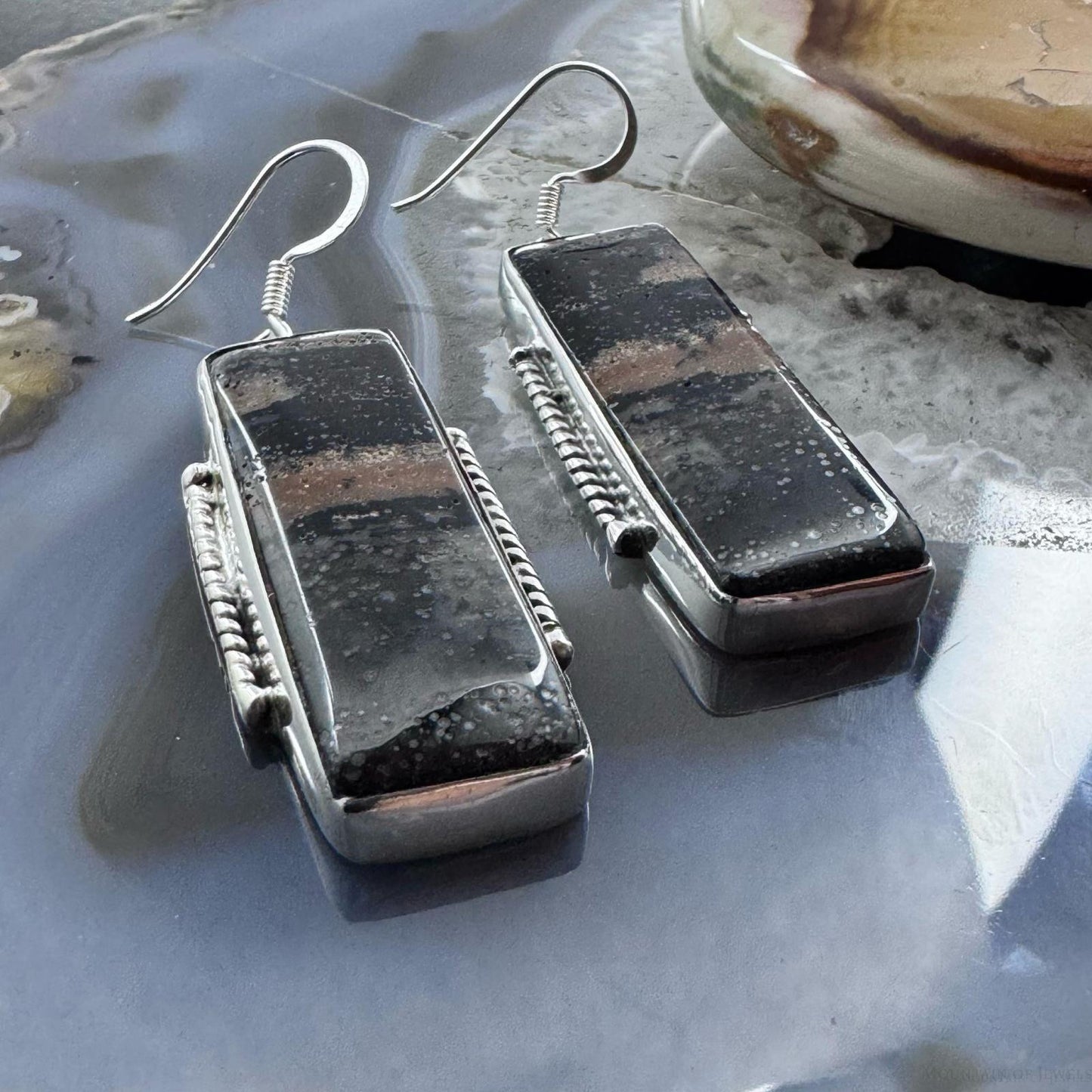 Sterling Silver Southwestern Style Rectangle Honey Dendrite Dangle Earrings For Women