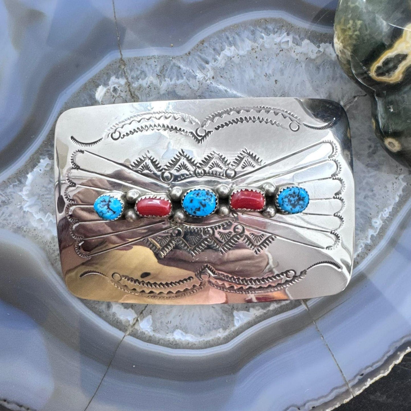 Sterling Silver Native American Turquoise & Coral Stamped Belt Buckle For Men