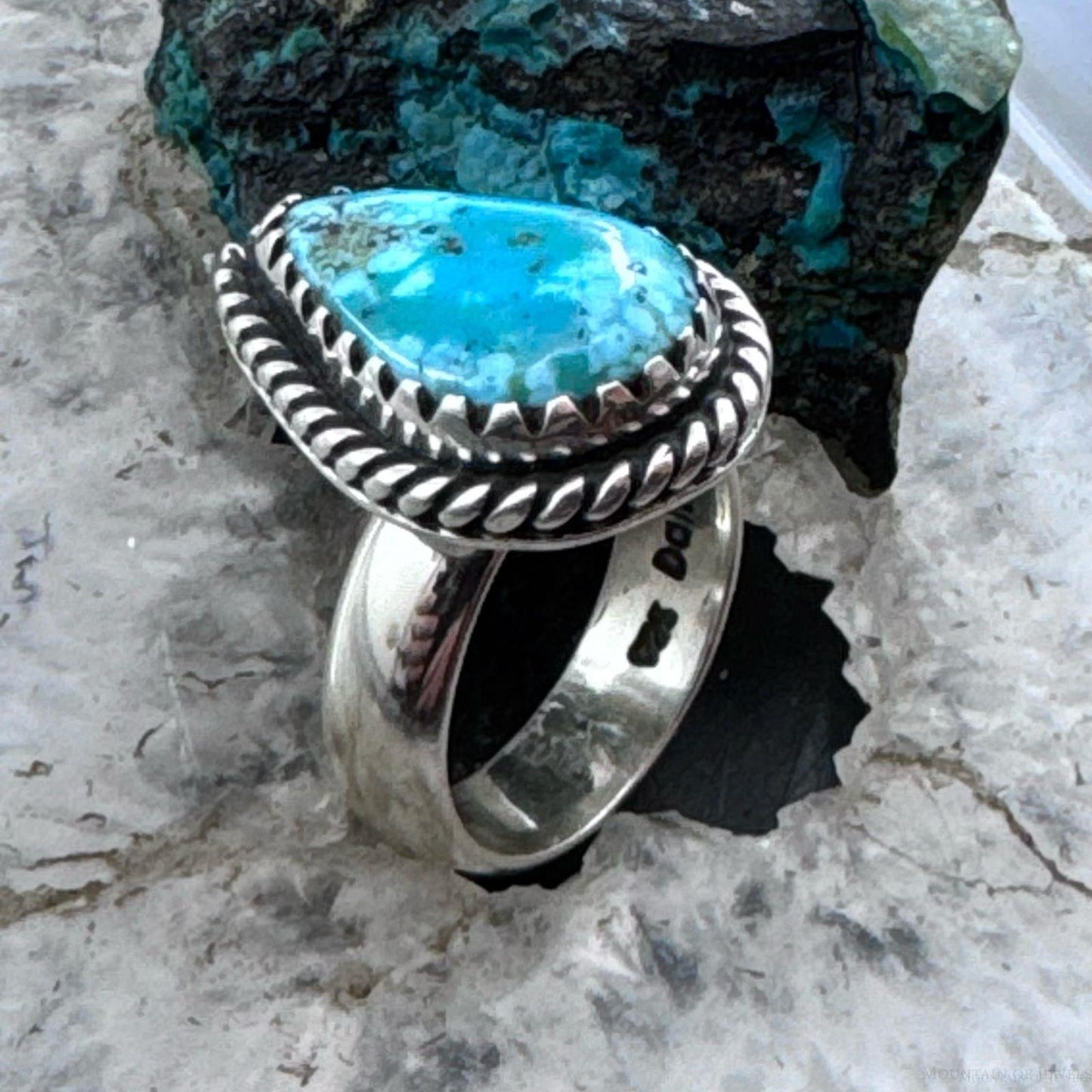 Sterling Silver Southwestern Style Teardrop Turquoise Ring Size 8.5 For Women