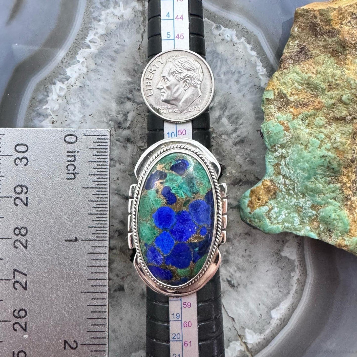 Sterling Silver Southwestern Style Oval Malachite Azurite Ring Size 7 For Women