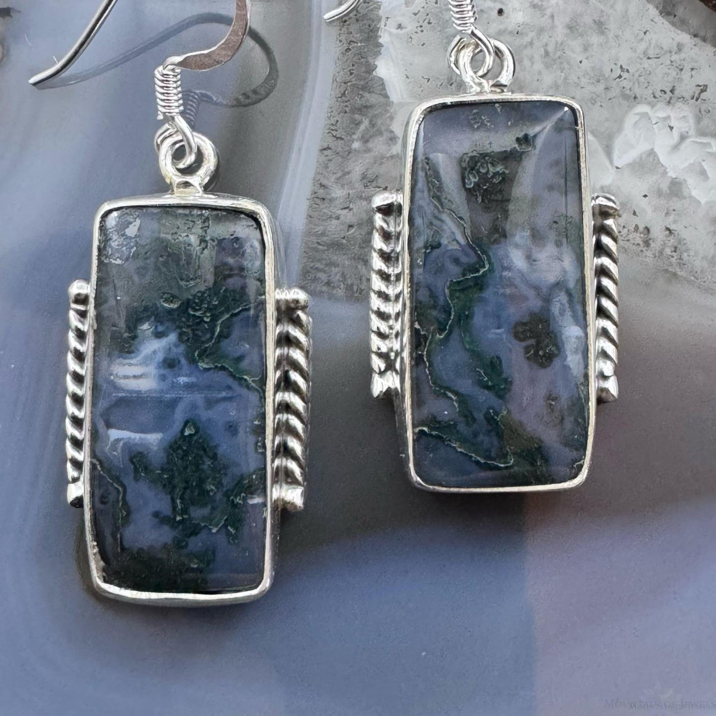 Sterling Silver Southwestern Style Rectangle Moss Agate Dangle Earrings For Women