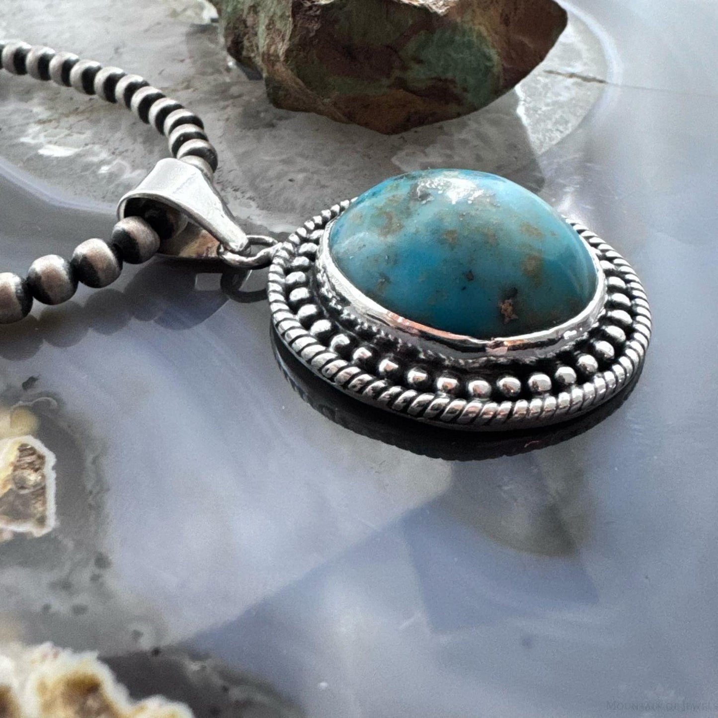 Sterling Silver Southwestern Style Round Tibetan Turquoise Decorated Pendant For Women