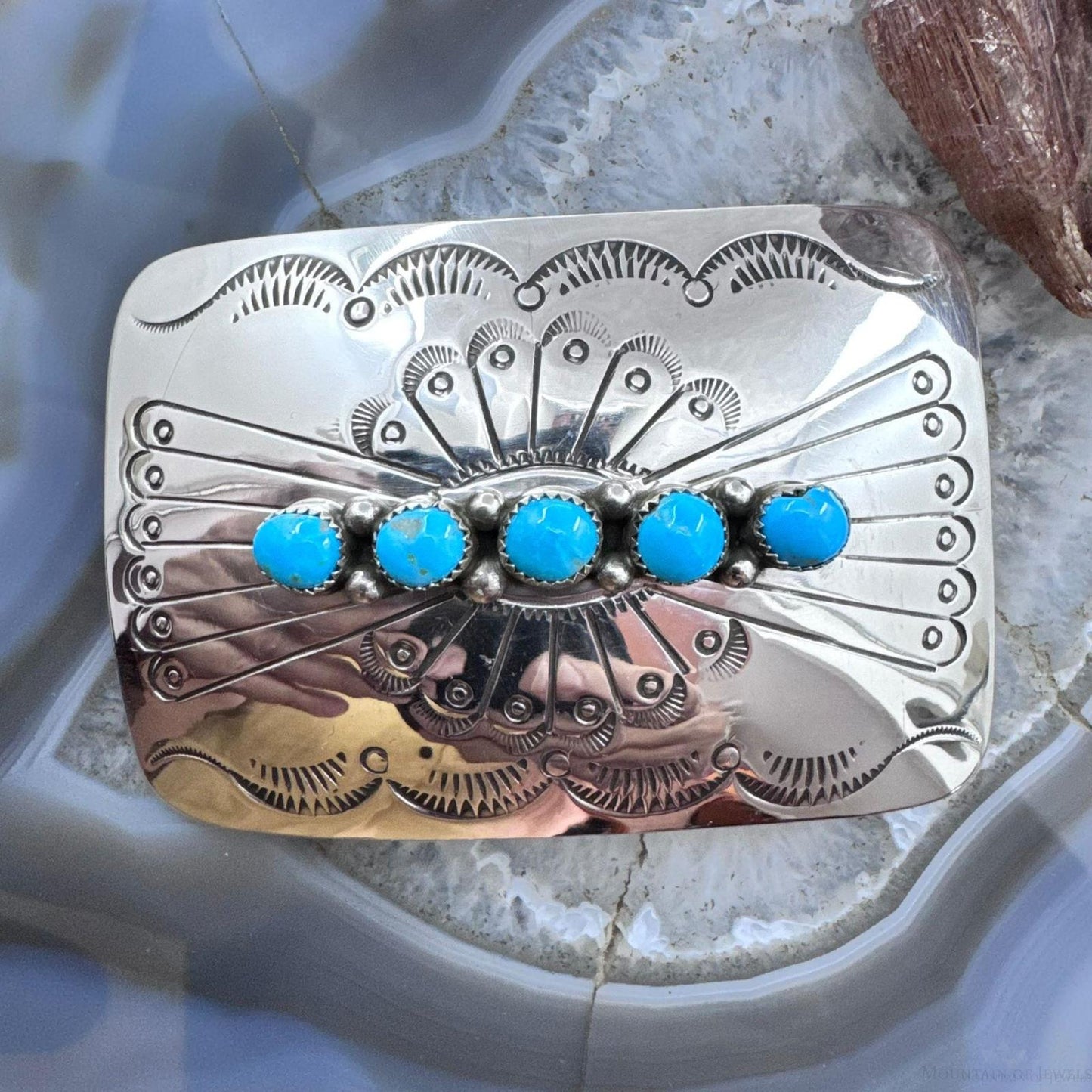 Joann Begay Native American Sterling Silver Turquoise Stamped Belt Buckle For Men