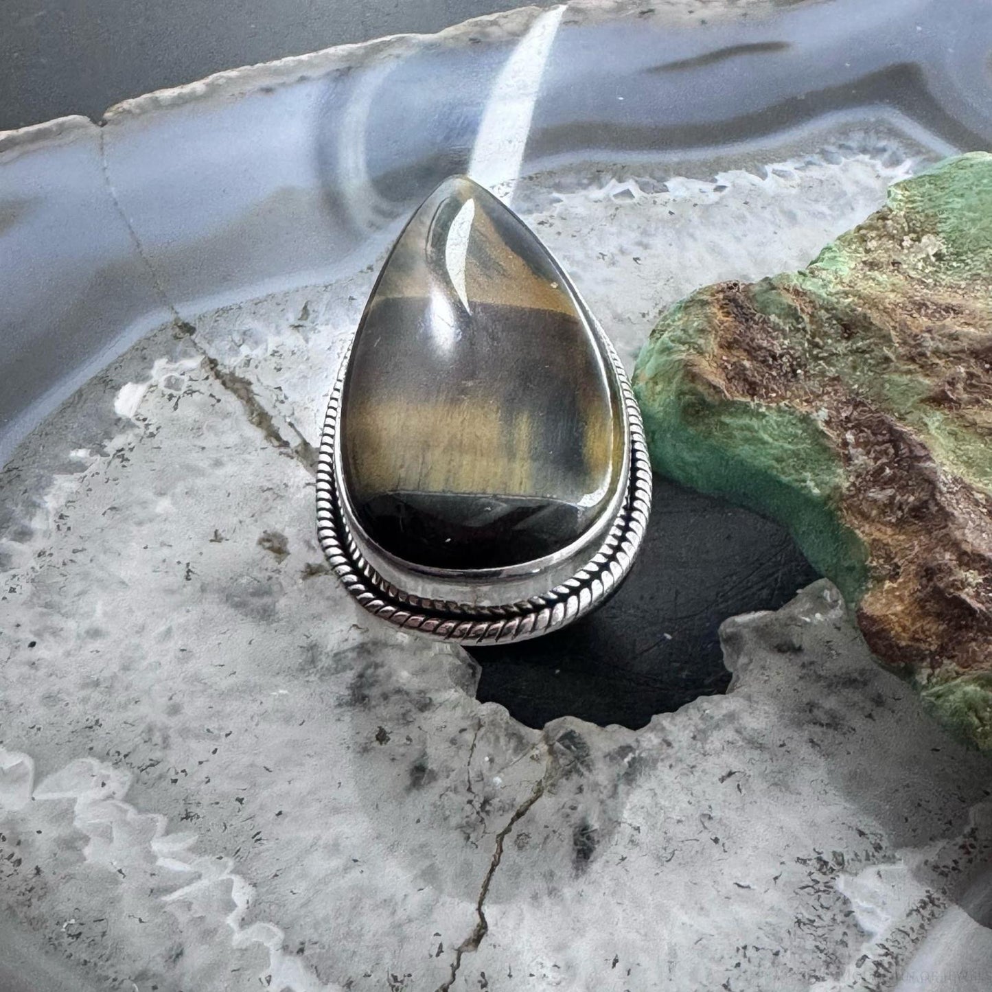 Sterling Silver Southwestern Style Elongated Teardrop Tiger's Eye Ring Size 9 For Women