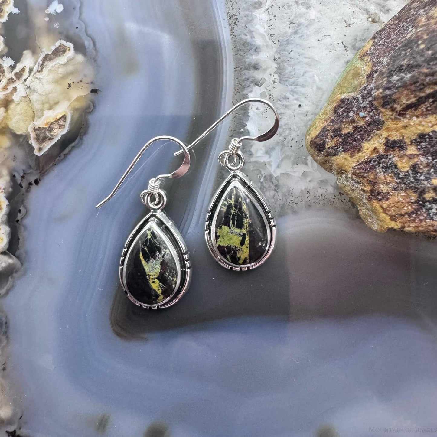 Native American Sterling Silver Teardrop Blackjack Dangle Earrings For Women