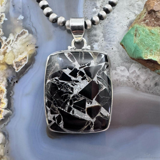 Sterling Silver Southwestern Style Rectangle Mohave Zinc Black Onyx Pendant For Women