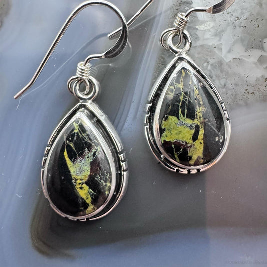 Native American Sterling Silver Teardrop Blackjack Dangle Earrings For Women