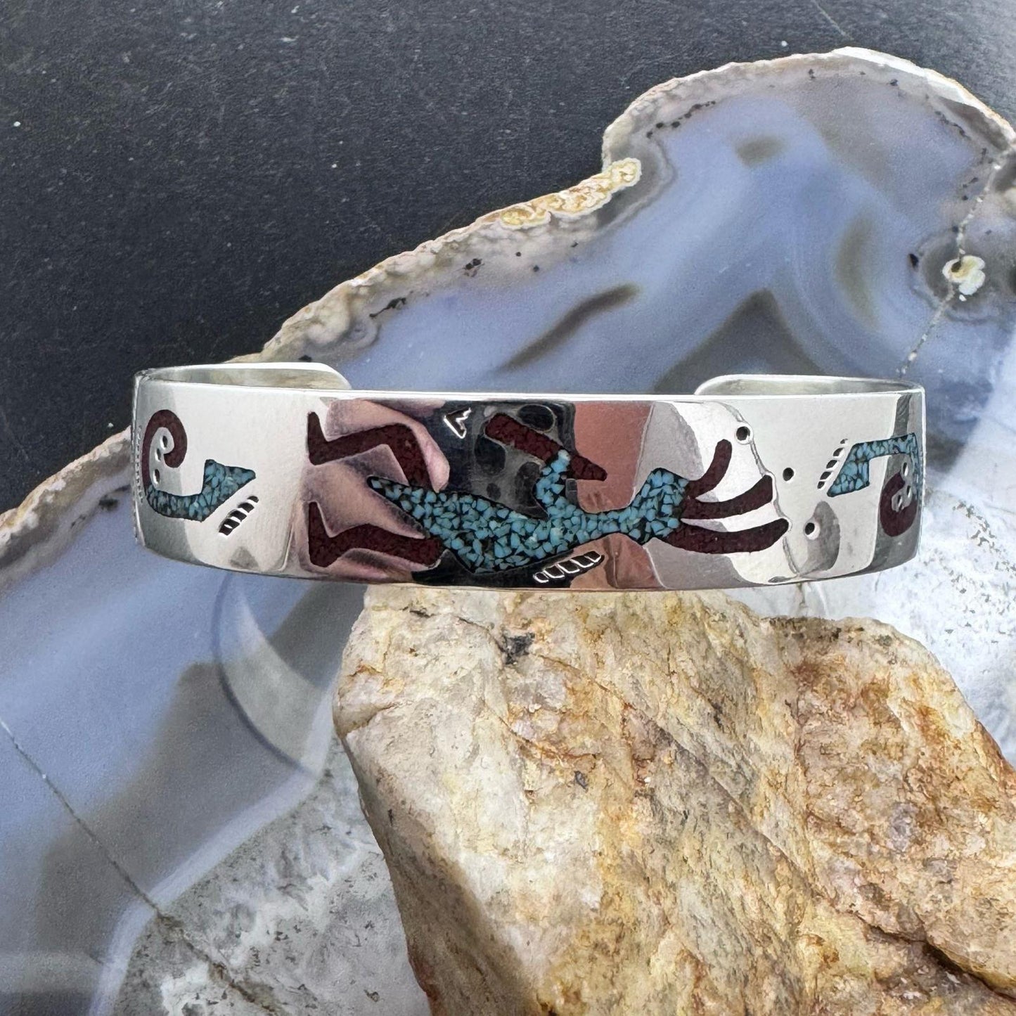 Ray Begay Native American Sterling Silver Chip Inlay Kokopelli Bracelet For Women