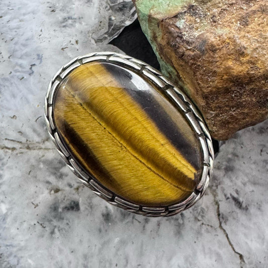 Sterling Silver Southwestern Style Elongated Oval Tiger's Eye Ring Size 8.25 For Women