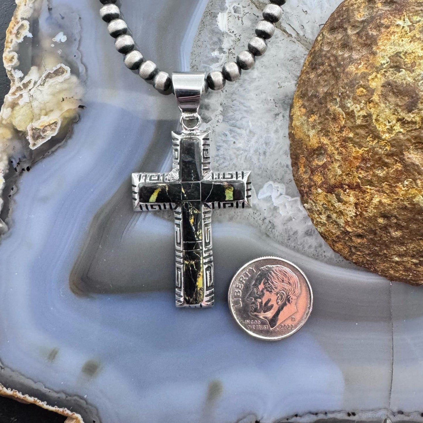 Native American Sterling Silver Inlay Blackjack Decorated Cross Unisex Pendant