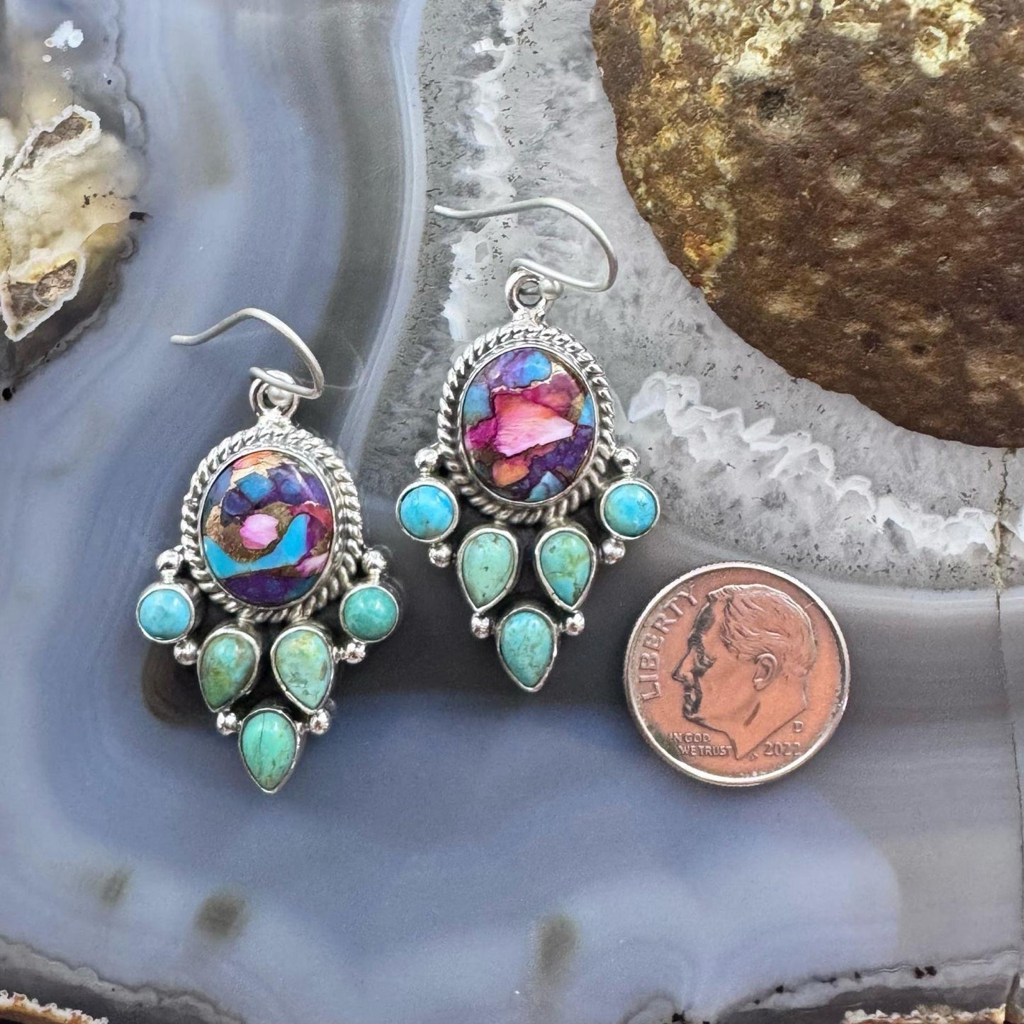 Sterling Silver Southwestern Style Turquoise & Pink Dahlia Dangle Earrings For Women