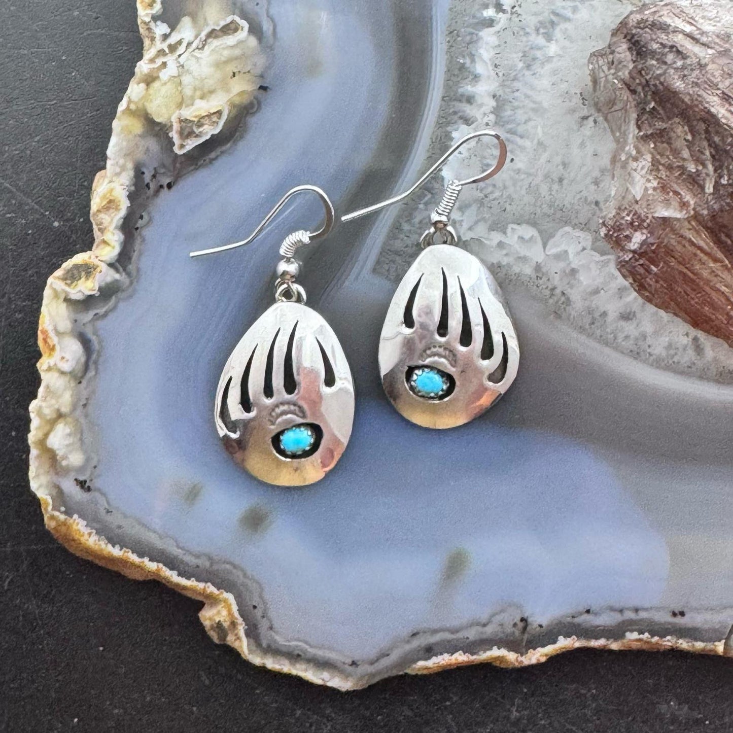 Native American Sterling Silver Bear Claw w/Turquoise Dangle Earrings For Women