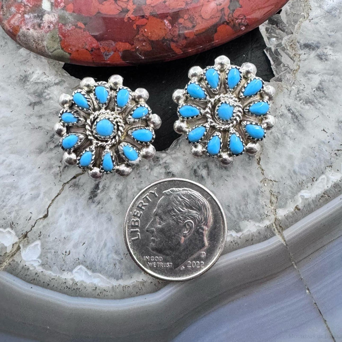 Native American Sterling Silver Turquoise Cluster Stud Earrings For Women