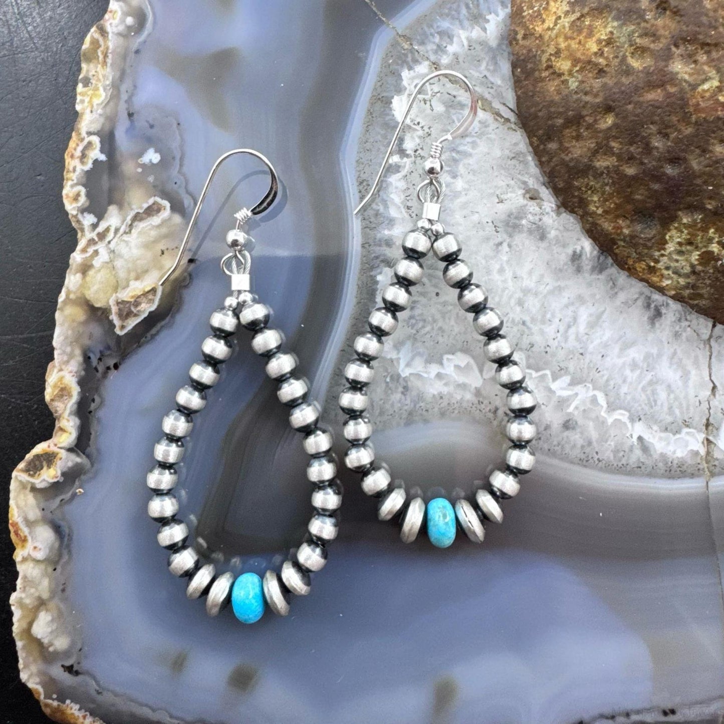 Native American Sterling Silver 3-5mm Navajo Pearl &Turquoise Earrings For Women