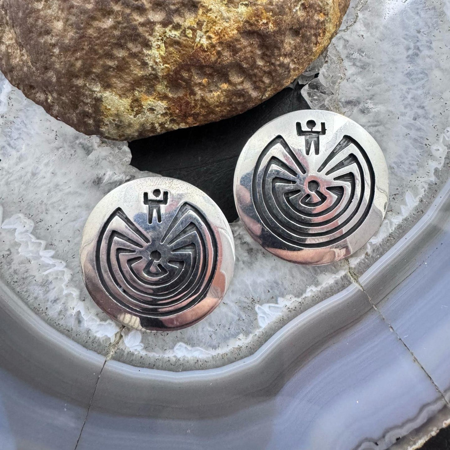 Clement Honie Vintage Native American Sterling Silver Man in the Maze Stud Earrings