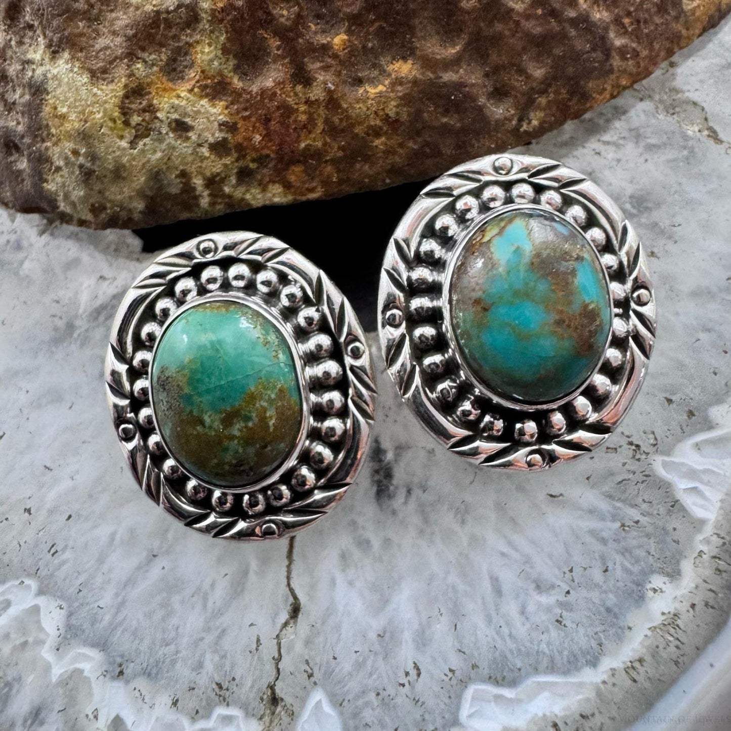 Sterling Silver Southwestern Style Oval Turquoise Decorated Stud Earrings For Women