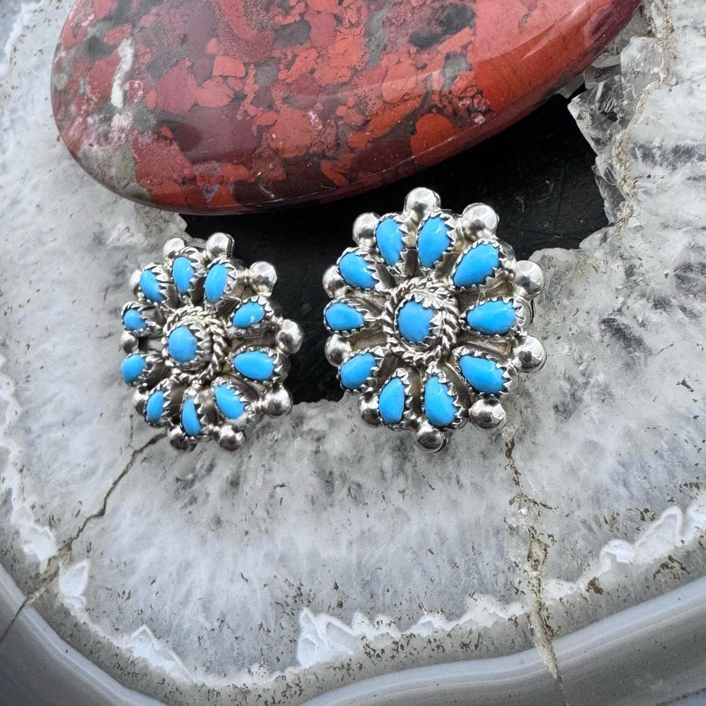 Native American Sterling Silver Turquoise Cluster Stud Earrings For Women