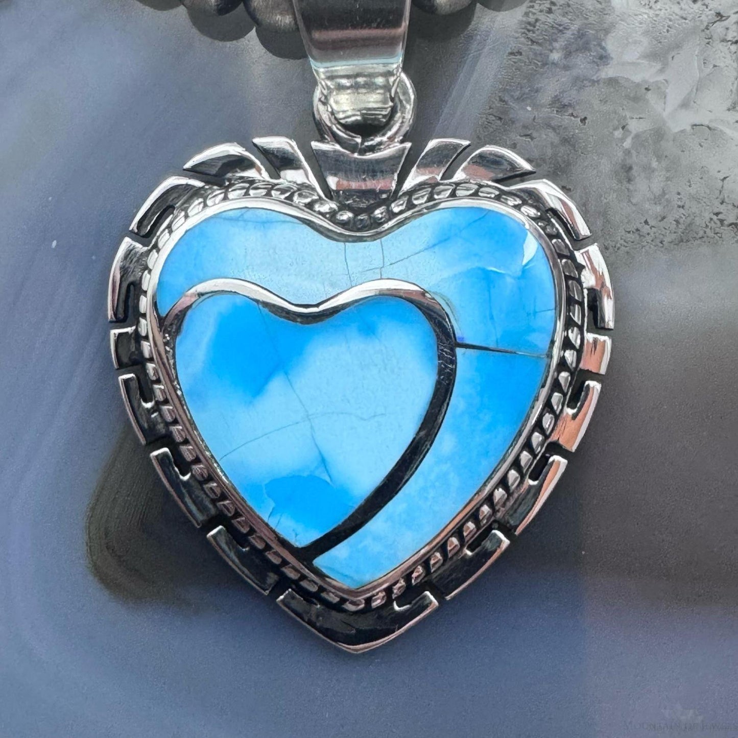Native American Sterling Silver Blue Ridge Turquoise Decorated Double Heart Pendant For Women