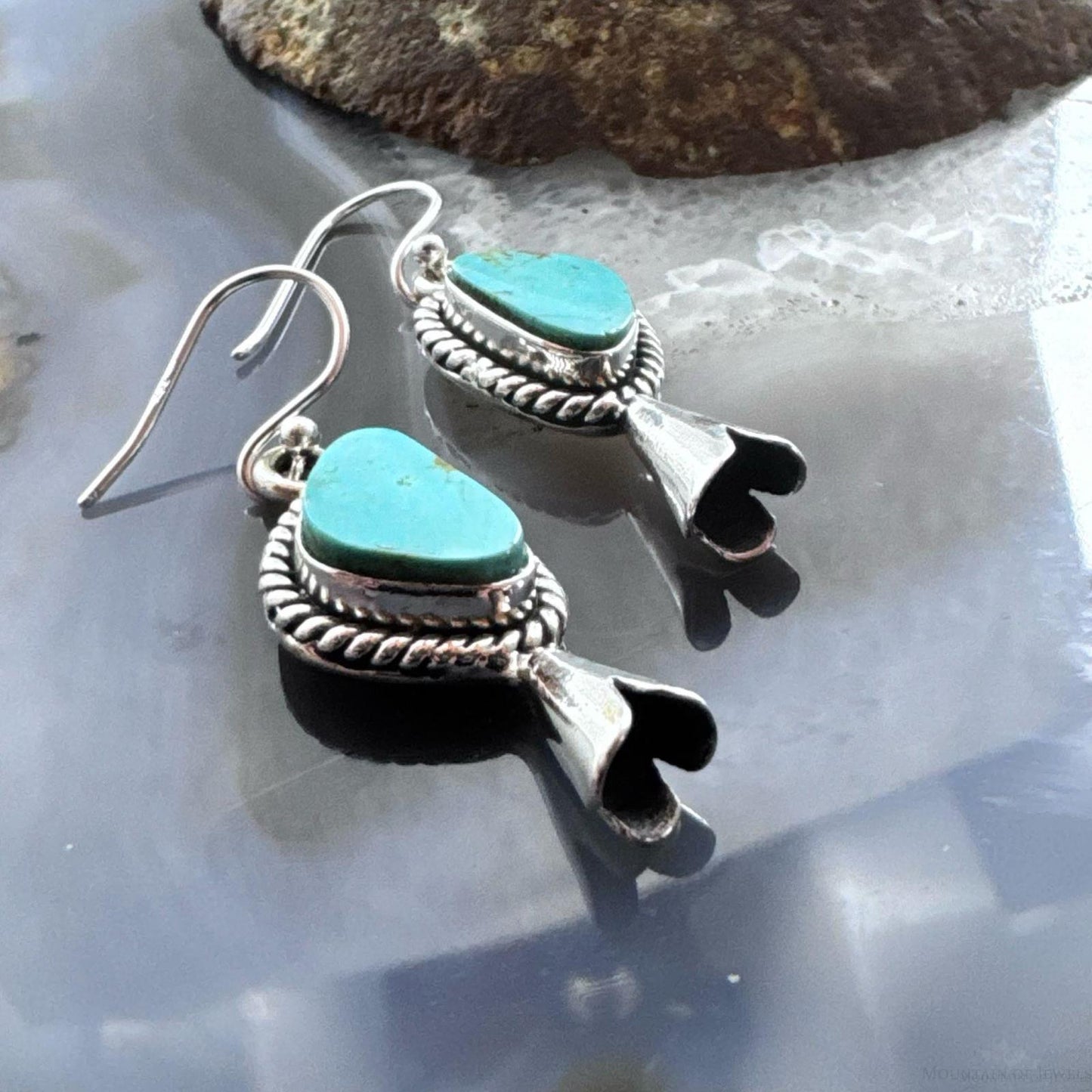 Sterling Southwestern Style Turquoise Decorated Squash Blossom Dangle Earrings For Women