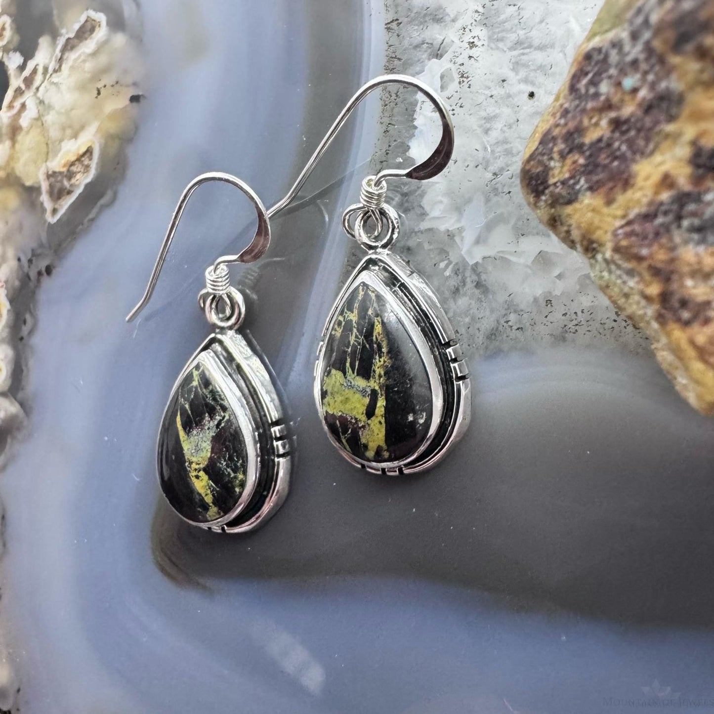 Native American Sterling Silver Teardrop Blackjack Dangle Earrings For Women